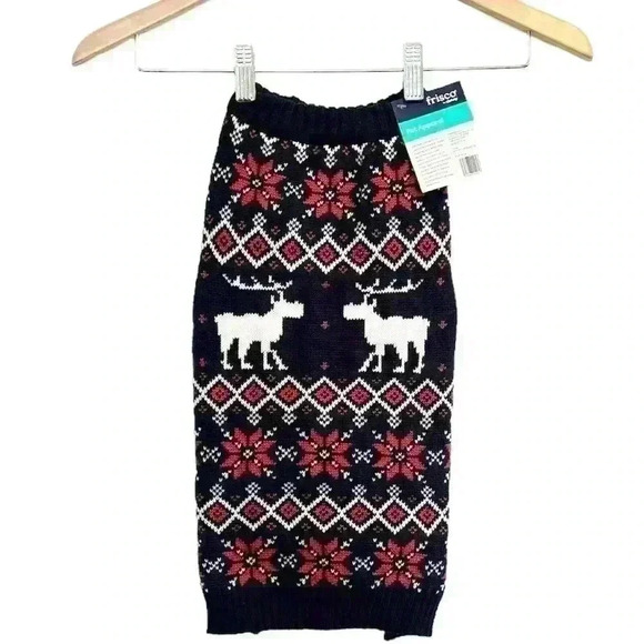🌈 6/$60 New Frisco By Chewy Fair Isle Sweater Moose Poinsettia Navy Blue Large - Picture 1 of 7